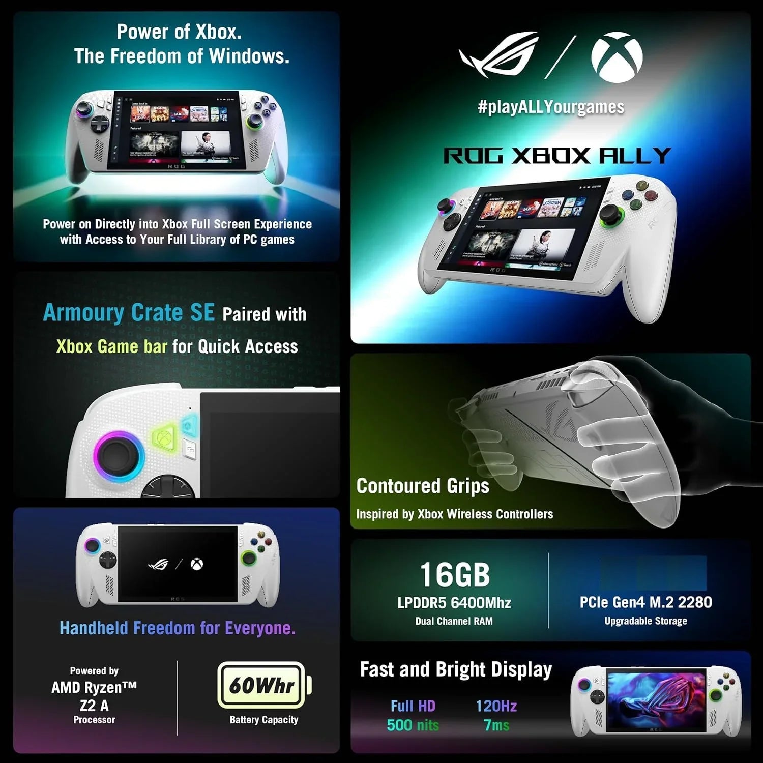 ASUS ROG XBOX Ally AMD Ryzen Z2 A CPU Handheld Gaming Console 7-inch Touchscreen 120Hz, CyberEZQ 8 in 1 USB C Hub, 64GB MicroSD Card, 4 Accessories: 5 in 1 Bundle