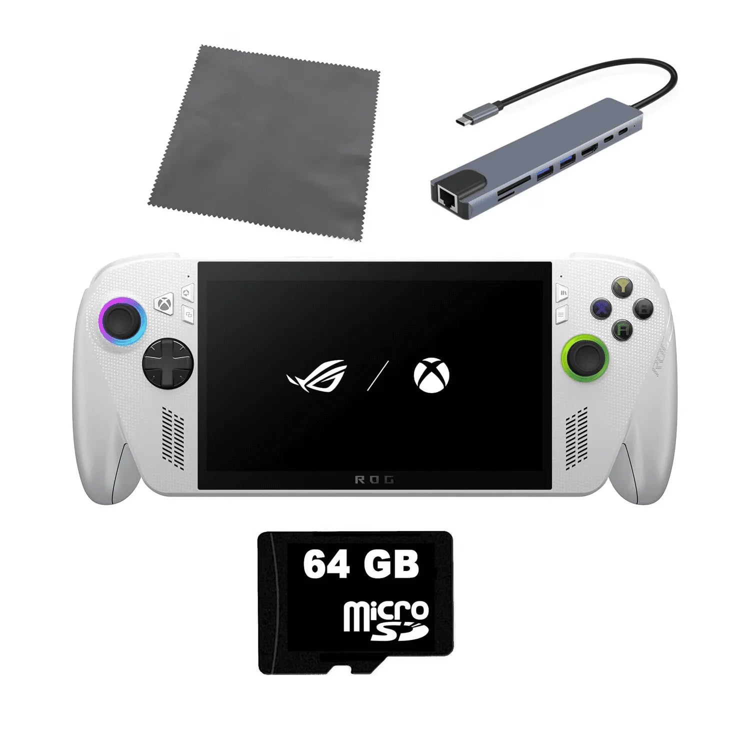 ASUS ROG XBOX Ally AMD Ryzen Z2 A CPU Handheld Gaming Console 7-inch Touchscreen 120Hz, CyberEZQ 8 in 1 USB C Hub, 64GB MicroSD Card, 4 Accessories: 5 in 1 Bundle