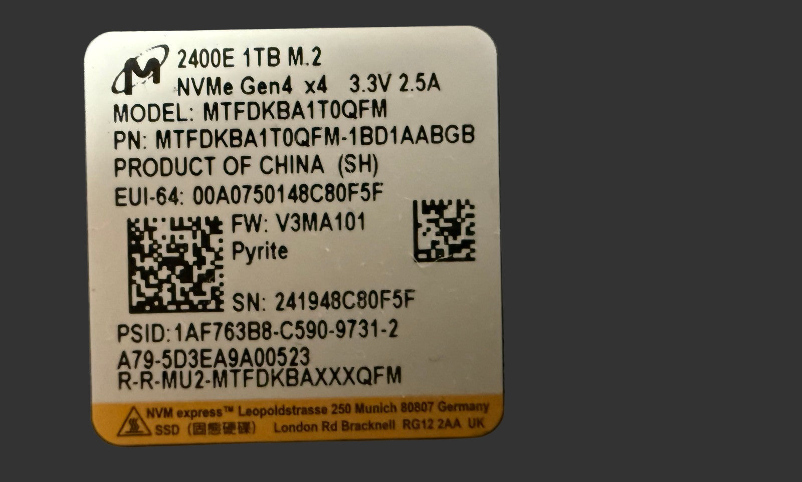 New Pull Micron 2280mm 2400 1TB M.2 NVMe Gen4 SSD 1TB MTFDKBA1T0QFM Asus Ally X