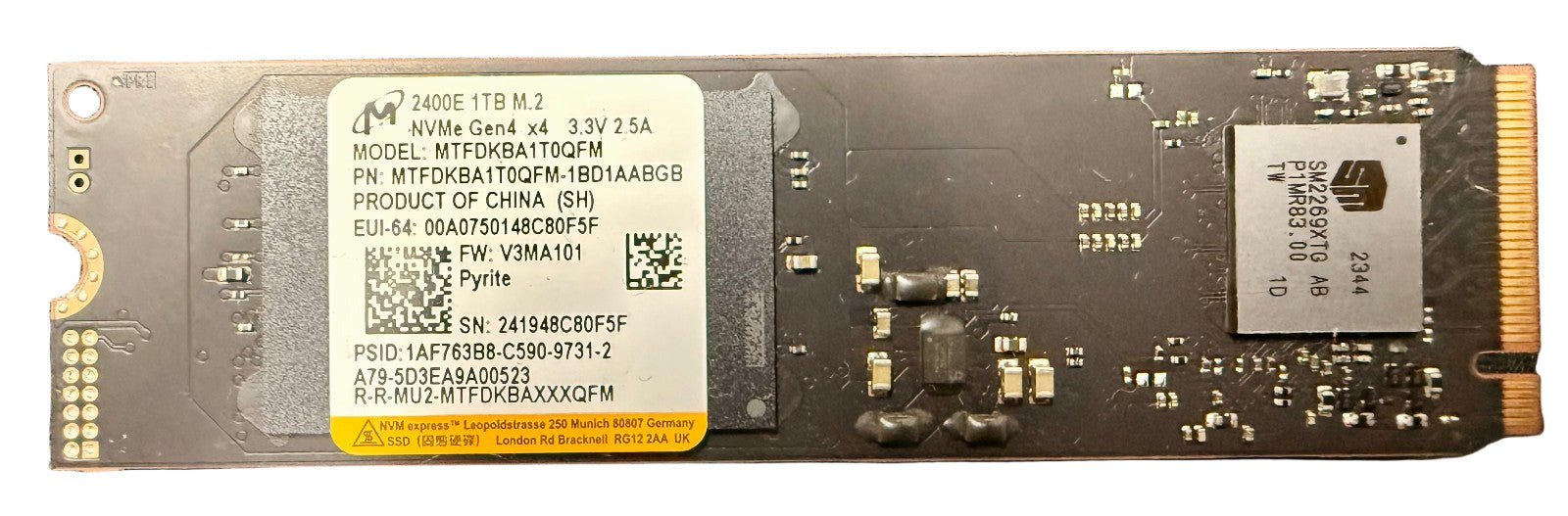New Pull Micron 2280mm 2400 1TB M.2 NVMe Gen4 SSD 1TB MTFDKBA1T0QFM Asus Ally X